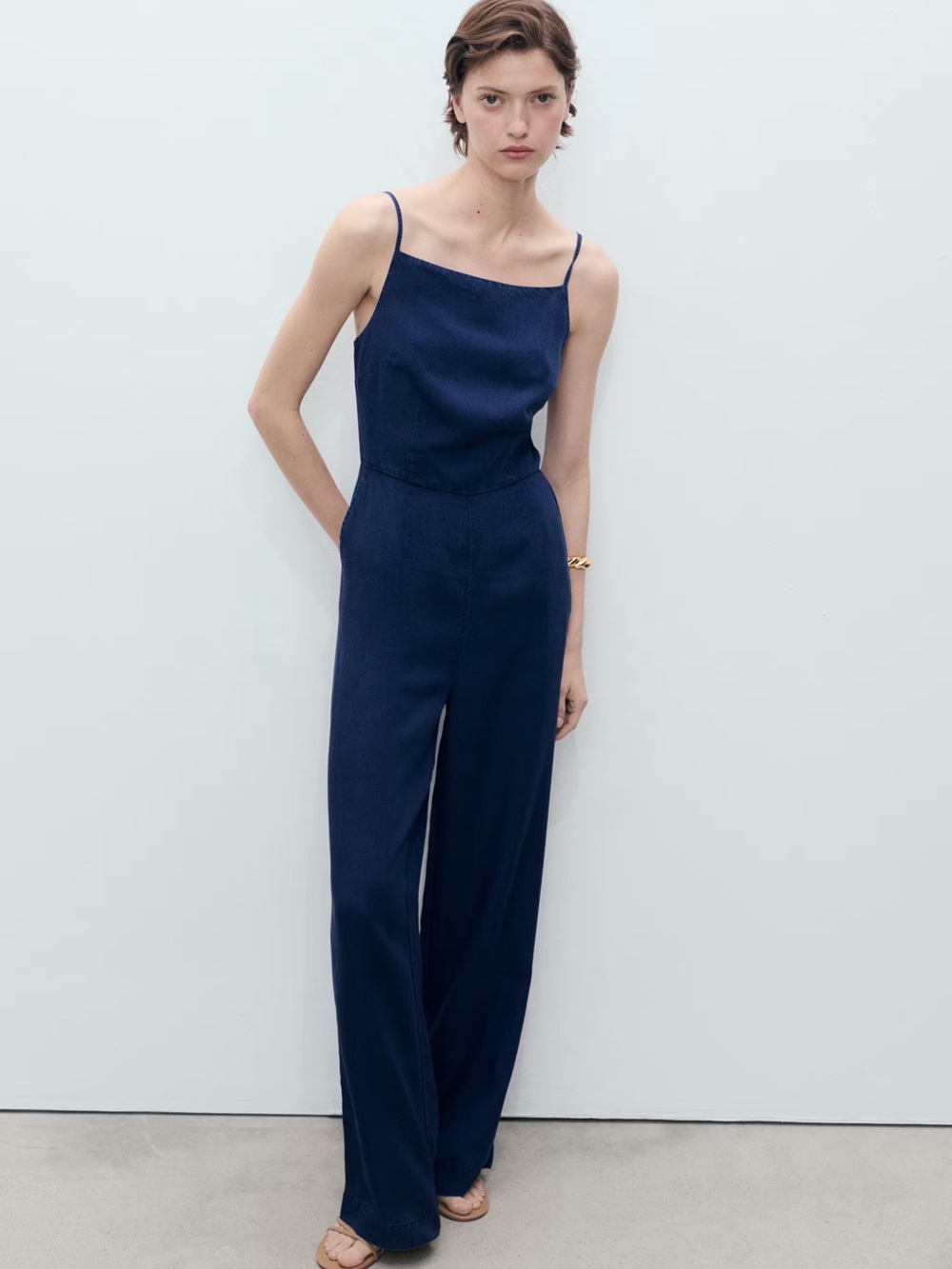 Mango Navy Wide-Leg Spaghetti-Strap Jumpsuit